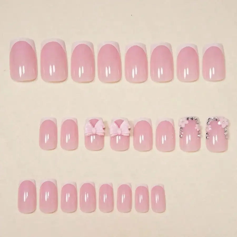 24Pcs Medium Square White French Press on Nails, 3D Bow & Rhinestone Flower Fake Nails for Party