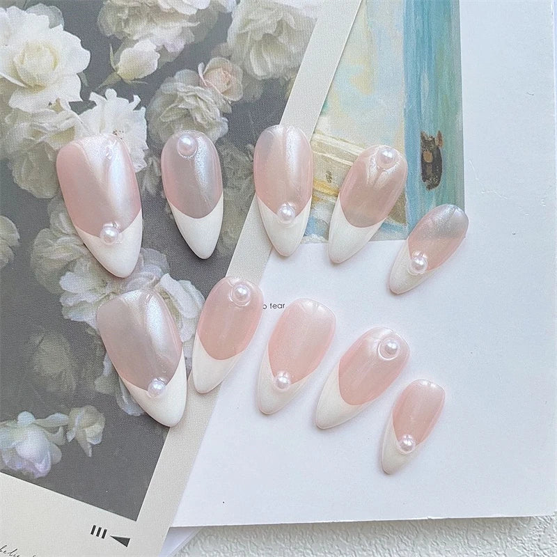 Handmade Press on Nails White Almond French