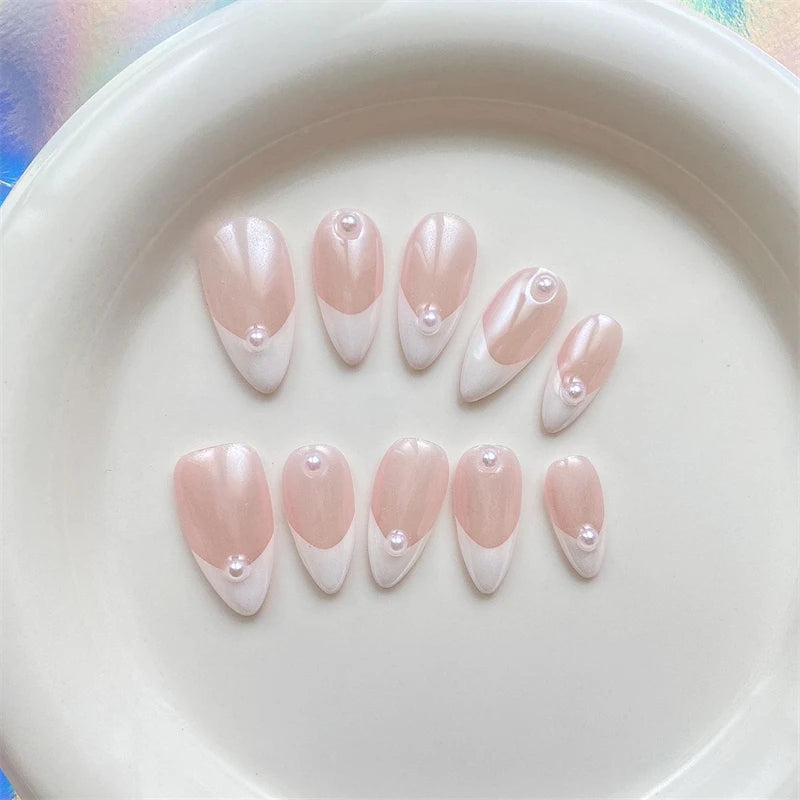 Handmade Press on Nails White Almond French