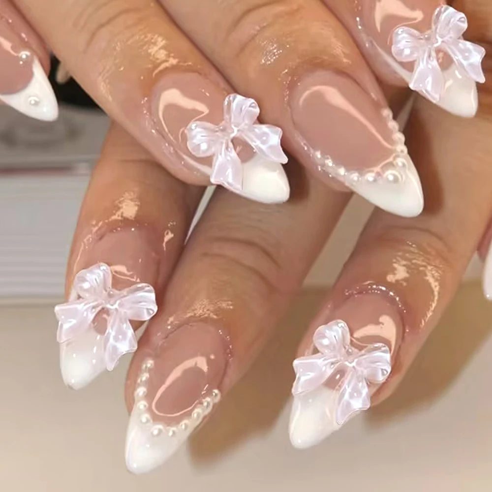 ARTAUG 24PCS Medium Press on Nails Stiletto Pink Bowknot Fingertip French Trim Cute Fake Nails Powder Full Cover Fake Nail Set