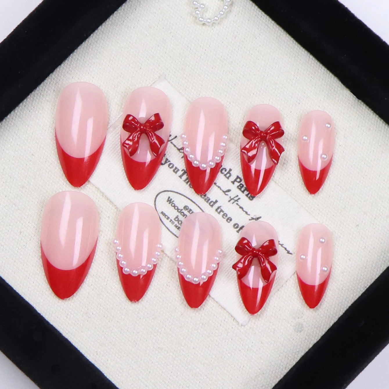 24PCS French Almond Fake Nails with Red Bow and White Pearl Design, Fully Covered Acrylic Fake Nails for Women