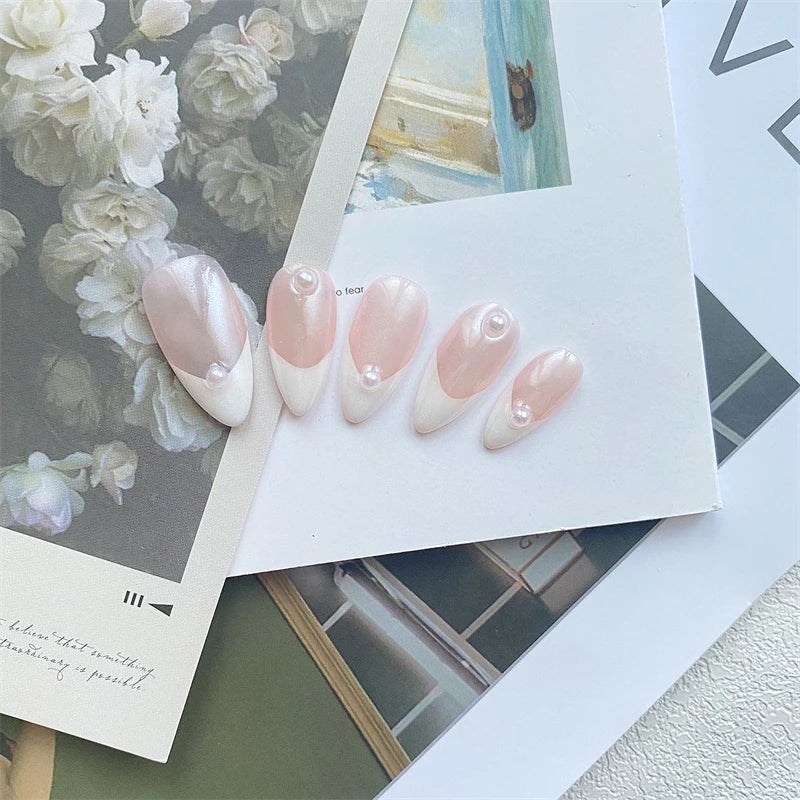 Handmade Press on Nails White Almond French