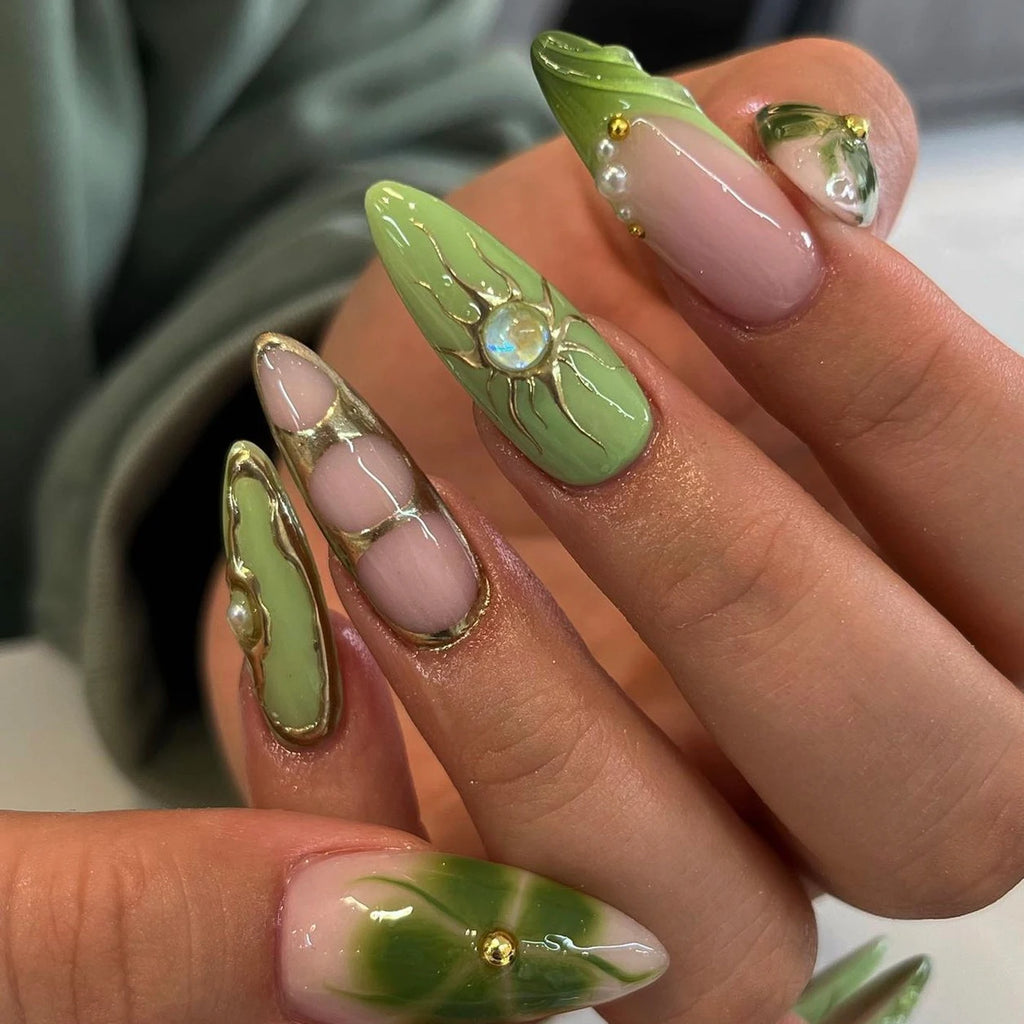 Y2K 10PCS Long Almond Fake Nails, Gold-Plated Flower and Pearl Decoration, Cat Eye Design Rhinestone Decoration Fake Nails