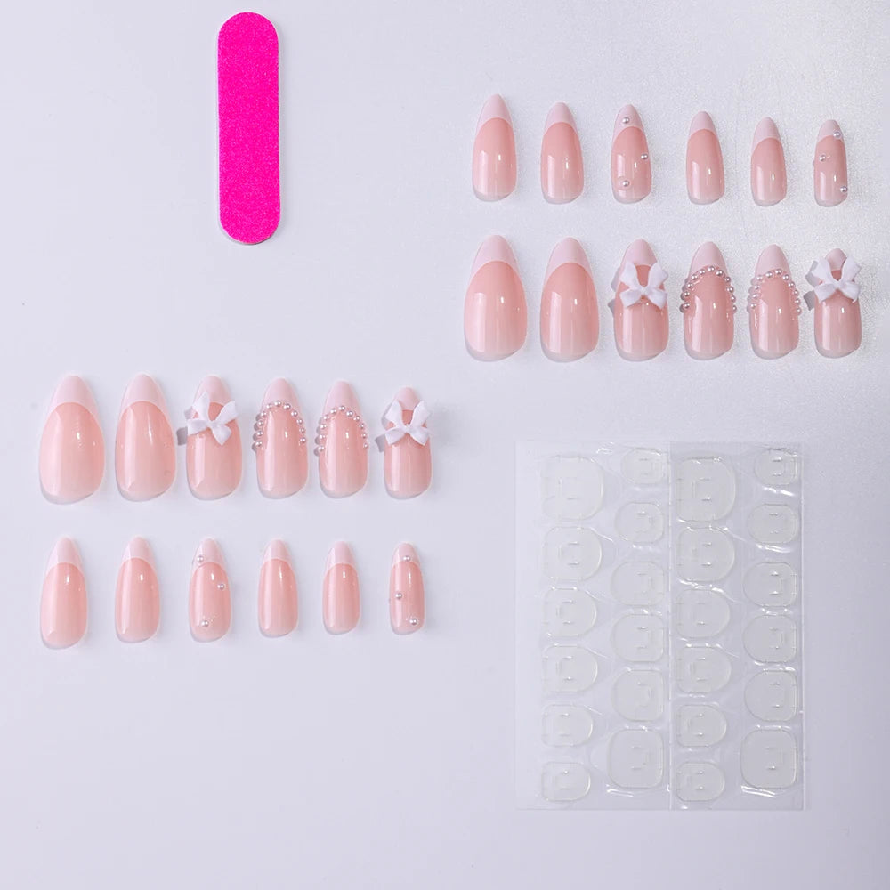 ARTAUG 24PCS Medium Press on Nails Stiletto Pink Bowknot Fingertip French Trim Cute Fake Nails Powder Full Cover Fake Nail Set