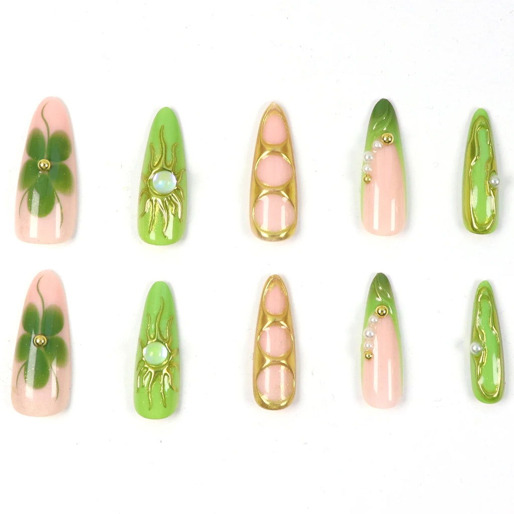 Y2K 10PCS Long Almond Fake Nails, Gold-Plated Flower and Pearl Decoration, Cat Eye Design Rhinestone Decoration Fake Nails