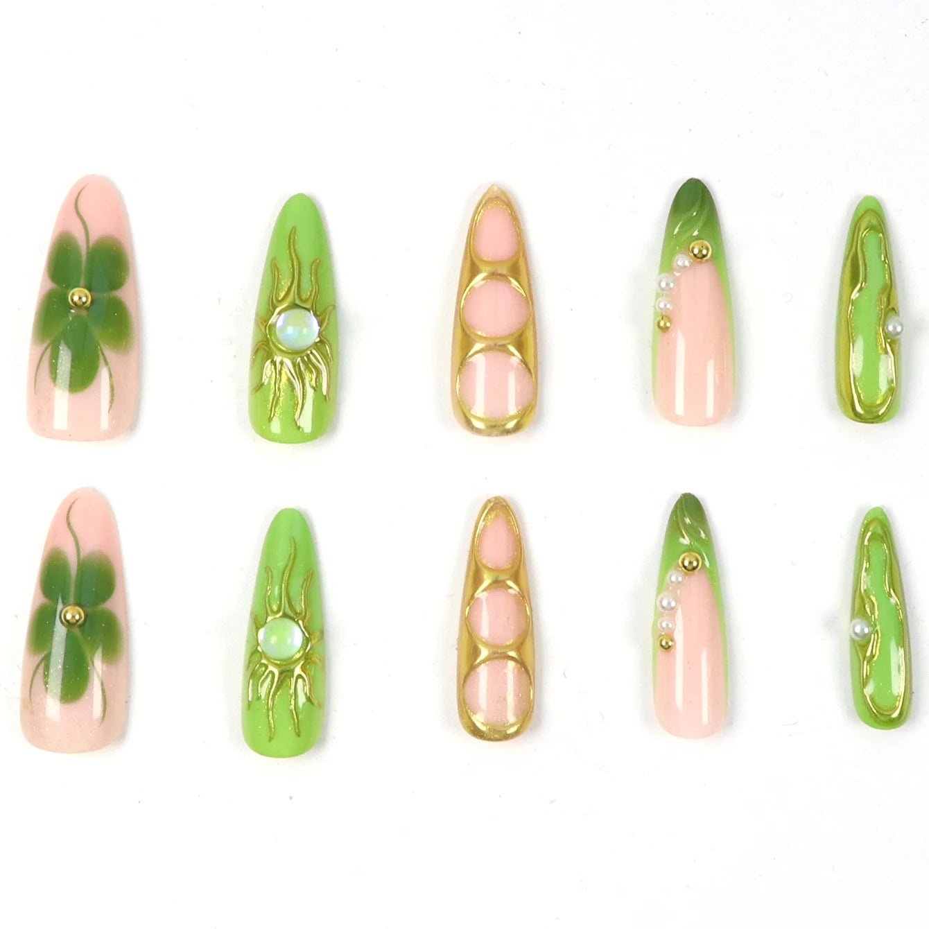 Y2K 10PCS Long Almond Fake Nails, Gold-Plated Flower and Pearl Decoration, Cat Eye Design Rhinestone Decoration Fake Nails