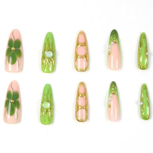Y2K 10PCS Long Almond Fake Nails, Gold-Plated Flower and Pearl Decoration, Cat Eye Design Rhinestone Decoration Fake Nails