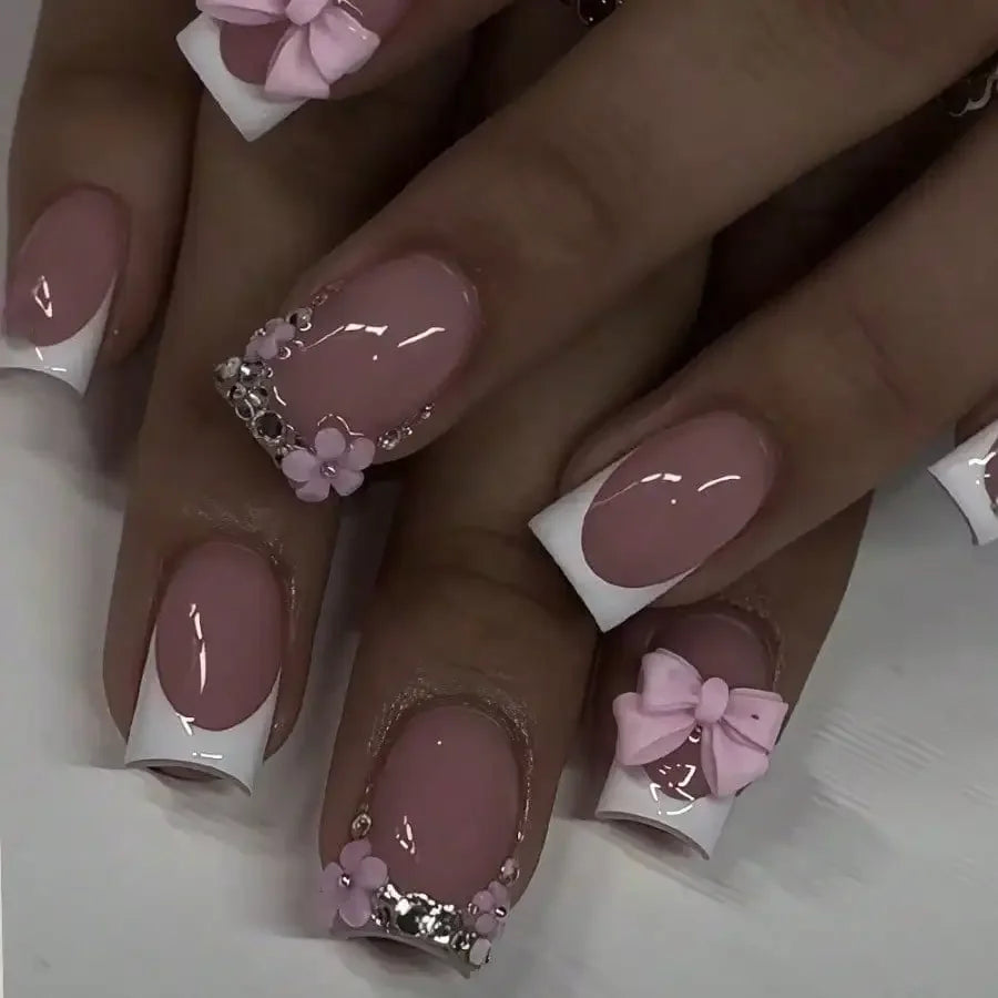 24Pcs Medium Square White French Press on Nails, 3D Bow & Rhinestone Flower Fake Nails for Party