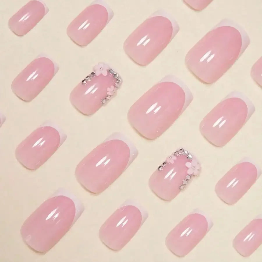 24Pcs Medium Square White French Press on Nails, 3D Bow & Rhinestone Flower Fake Nails for Party