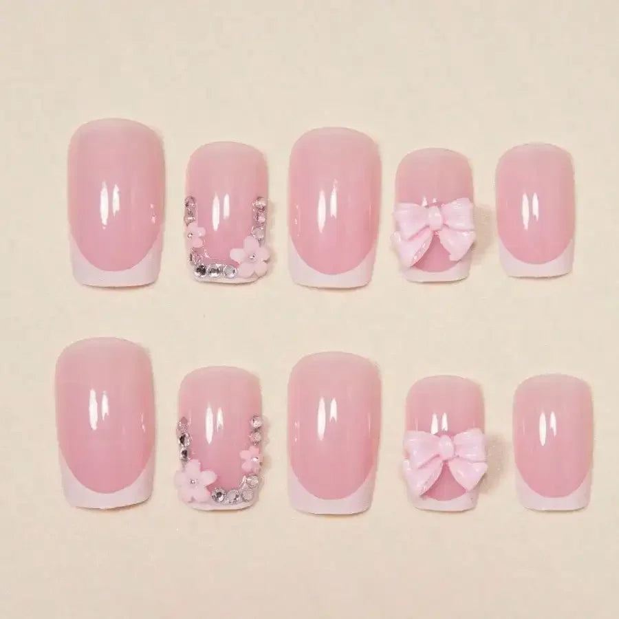 24Pcs Medium Square White French Press on Nails, 3D Bow & Rhinestone Flower Fake Nails for Party