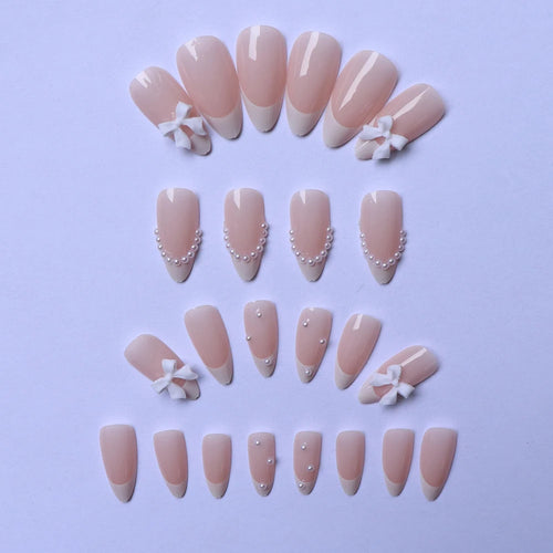 ARTAUG 24PCS Medium Press on Nails Stiletto Pink Bowknot Fingertip French Trim Cute Fake Nails Powder Full Cover Fake Nail Set